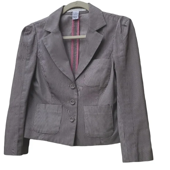 DIANE VON FURSTENBERG DVF Pinstriped Peplum Blazer 6 M Crop Jacket Seersucker - Picture 10 of 15